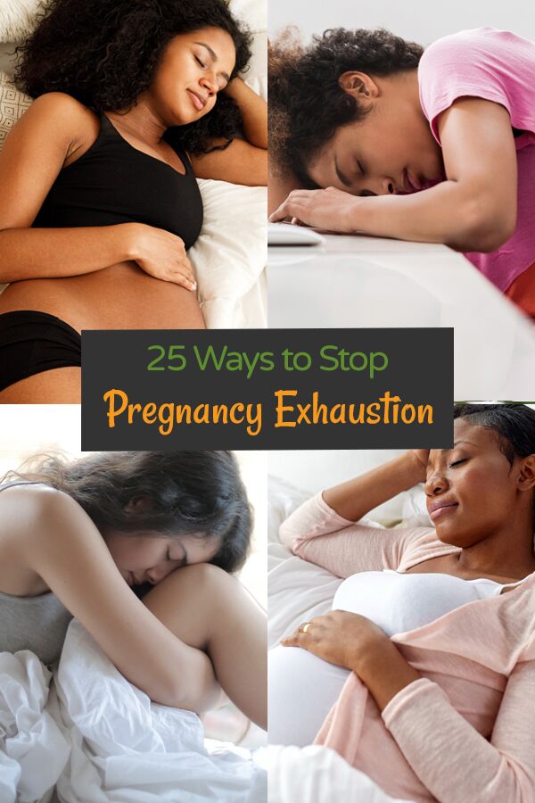 Collage of 4 tired pregnant women with 25 ways to stop exhaustion superimposed as text