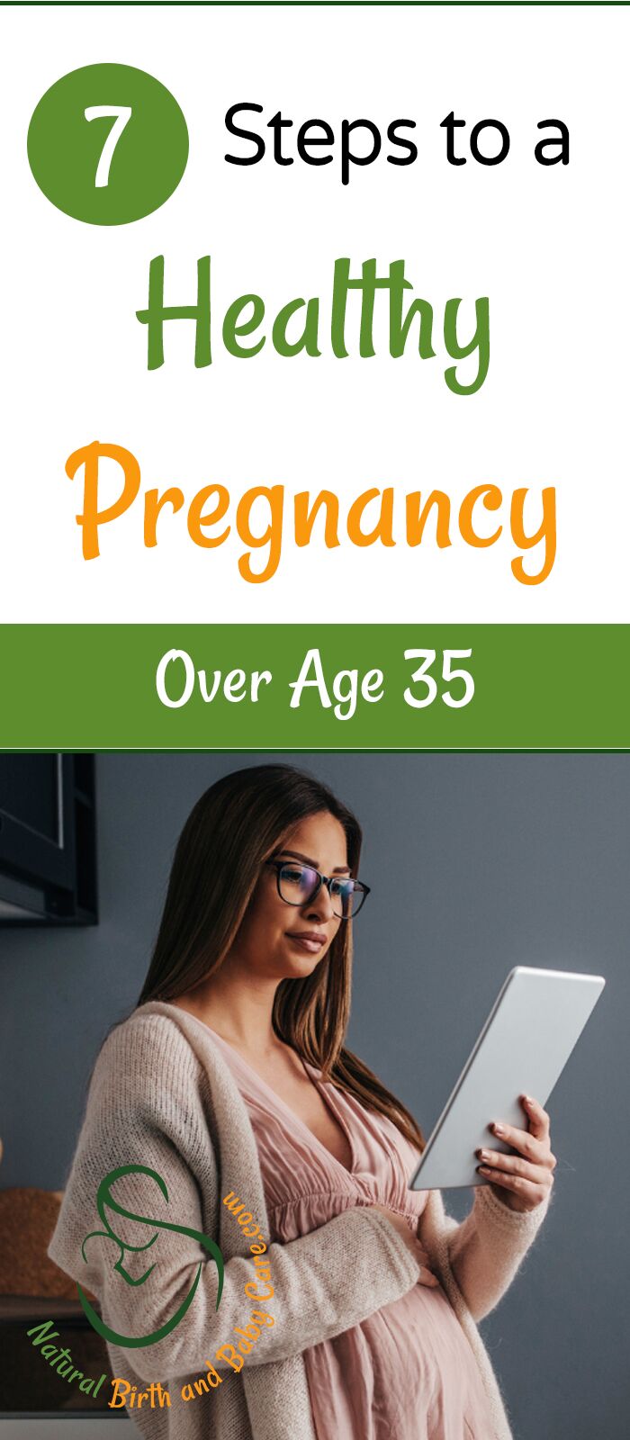 Pregnant woman over 35 researches on her tablet. Article title superimposed