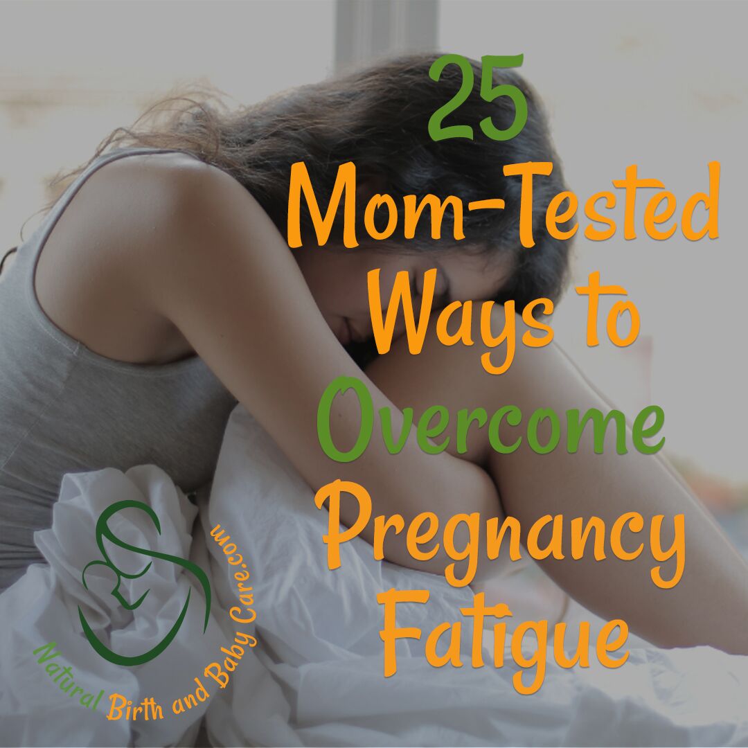 Tired pregnant mom curled up on bed text superimposed about overcoming pregnancy fatigue